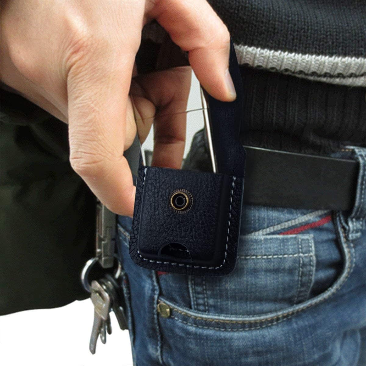 Handmade Fliptop Leather Lighter Pouch Case Holder with Pocket Belt Loop (Retro-Black)