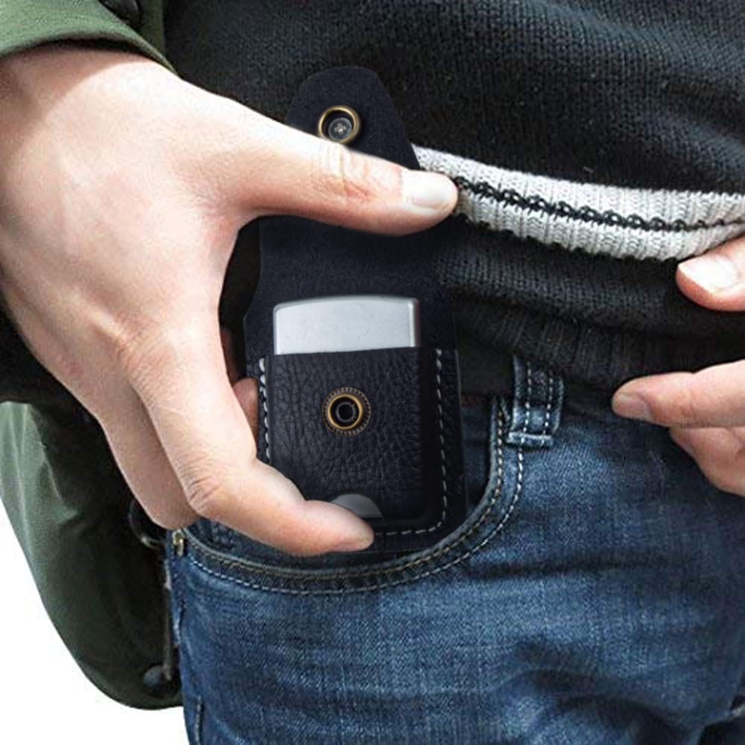 Handmade Fliptop Leather Lighter Pouch Case Holder with Pocket Belt Loop (Retro-Black)